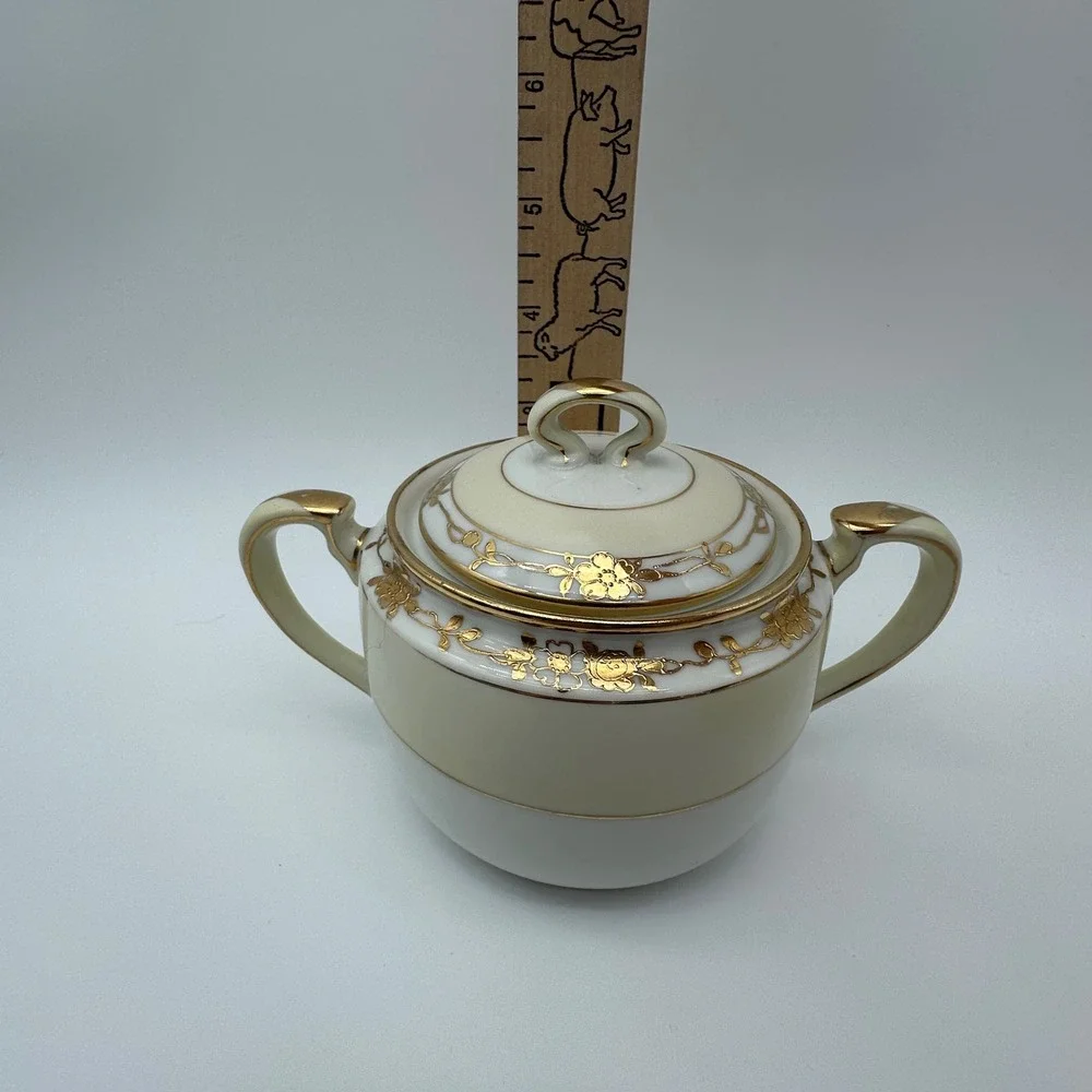 Antique Nippon Hand Painted Tea Set Gold Moriage Floral Teapot Sugar Creamer 3pc